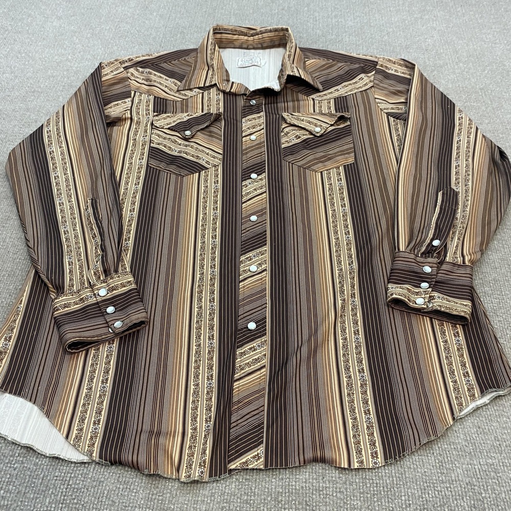 Vintage H Bar C Shirt Mens XL Brown Stripe Western Pearl Snap Long Sleeve 80s